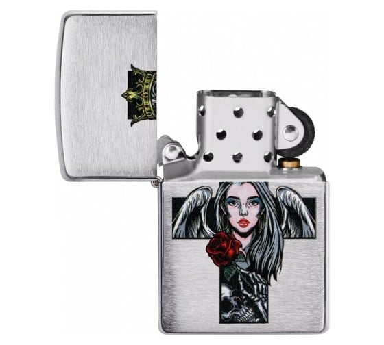 Зажигалка ZIPPO Cross Queen & Skull с покрытием Brushed Chrome, серебристая, 38x13x57 мм, 49262
