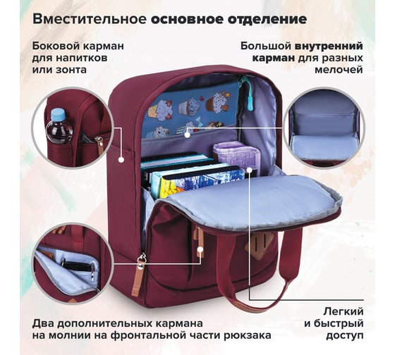 Молодежный рюкзак BRAUBERG FRIENDLY бордовый, 37х26х13 см 270090