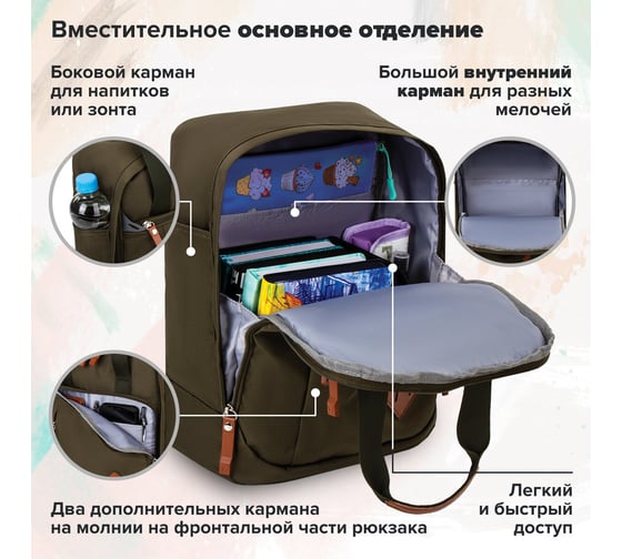 Молодежный рюкзак BRAUBERG FRIENDLY хаки, 37х26х13 см 270091