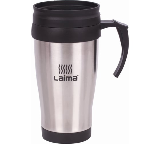 Термокружка ЛАЙМА LAIMA, 400 мл, нержавеющая сталь, пластиковая ручка, серебристая 605126 1