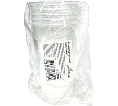 Одноразовый стакан EUROHOUSE, 6 шт, 500 мл, прозрачный 13485