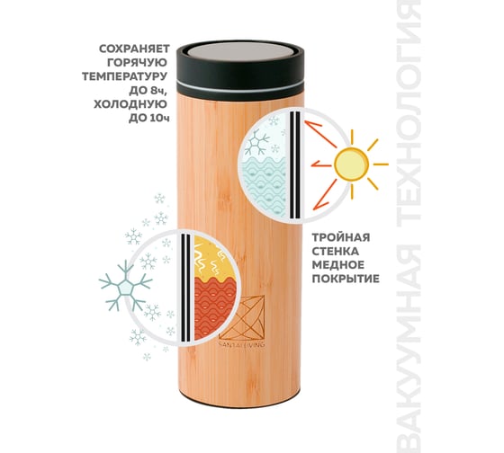 Термокружка Santai Living To-Go 360 из бамбука и стали, 400 мл, в тубусе SL-8618-29