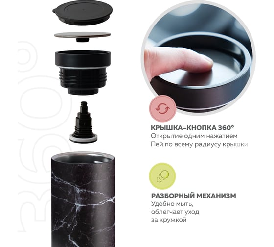 Термокружка Santai Living To-Go 360 из стали, 450 мл, черный мрамор SL-8618-26