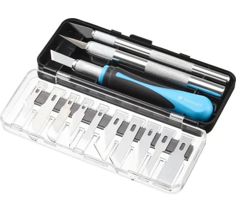 Набор ножей граверов Topfort  3 рукоятки металл+пластик SX01 + SX03 + SX033, +10 лезвий разных типов, SK5, пластиковый бокс на подложке 1960443