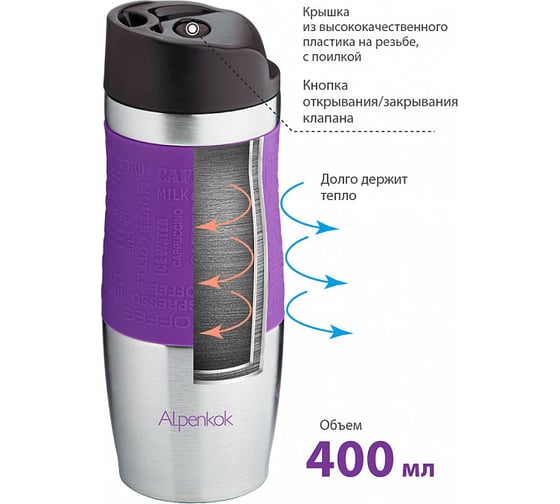 Вакуумная термокружка Alpenkok AK-04004A фиолетовый, 400 мл 0Р-00015732