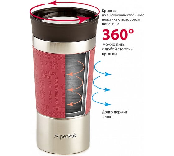 Вакуумная термокружка Alpenkok AK-04039A розовый, 400мл, крышка 36024 Р1-00004168