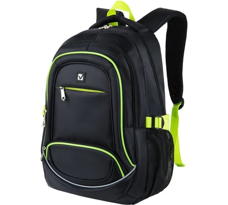 Универсальный рюкзак BRAUBERG, 3 отделения, черный, салатовые детали, 46x31x18см 270761