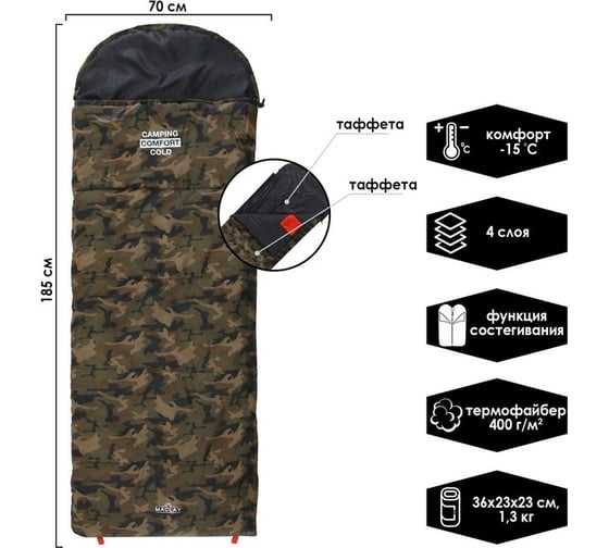 Четырехслойный спальник Maclay camping comfort cold R, одеяло+подголовник, 185х70 см 6478997