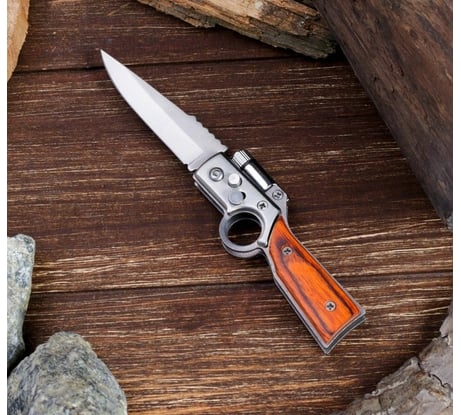 Складной автоматический нож Мастер К с фонариком, рукоять под дерево с кольцом 257067