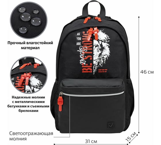 Универсальный рюкзак BRAUBERG FASHION CITY Lion, черный, 46x31x15 см, 270810