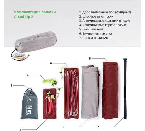 Палатка Naturehike Cloud up 2 20D NH17T001-T двухместная, с ковриком, серая 6927595724668