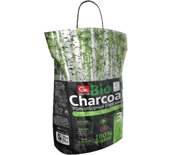 Уголь березовый GRIFON FSC PREMIUM 3 кг, в крафт-пакете 650-043