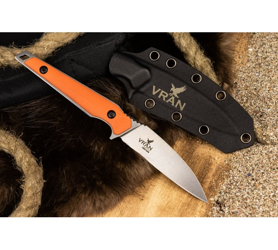 Туристический нож Kizlyar Supreme Vran сталь N690, StoneWash, рукоять из Оранжевого G10 4610094292869