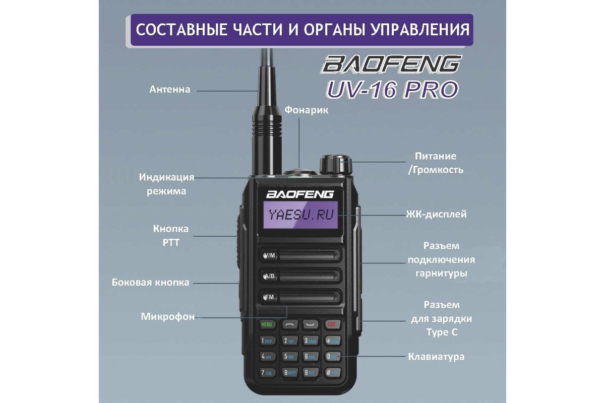 Рация Baofeng UV-16 PRO черный, 1800 мАч 00029154