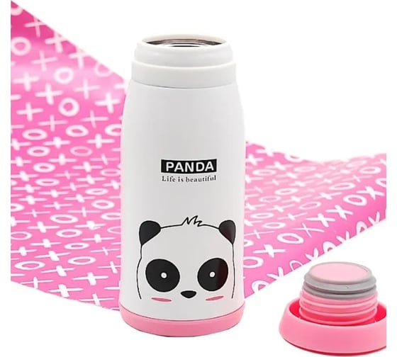 Детская вакуумная термокружка URM PANDA 350 мл, из нержавеющей стали, белый/розовый D01634