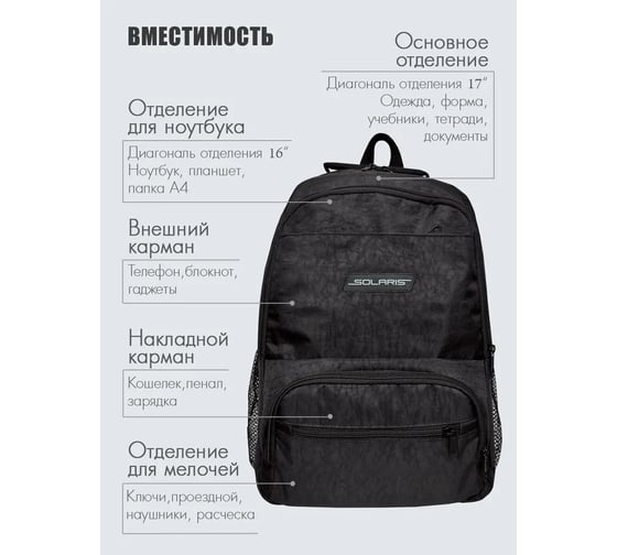 Универсальный рюкзак SOLARIS Классический 20 л, черный S5510