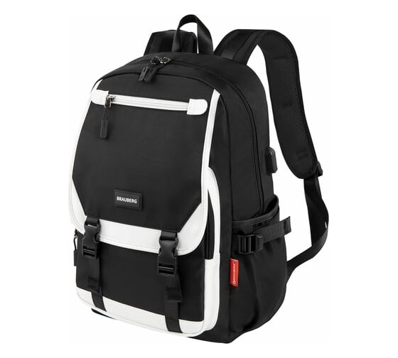 Универсальный рюкзак BRAUBERG Fusion Usb-порт, черный с белыми вставками, 45x31x15 см 271657