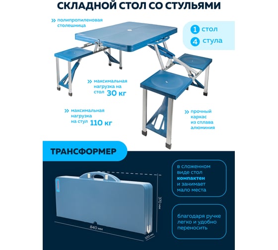 Складной стол со стульями для кемпинга WMC TOOLS 100x330x830мм, в собранном виде, 640x840мм стол, 270x300мм стулья, 670мм h стола, 400мм-h стульев WMC-ZY02-1 51844