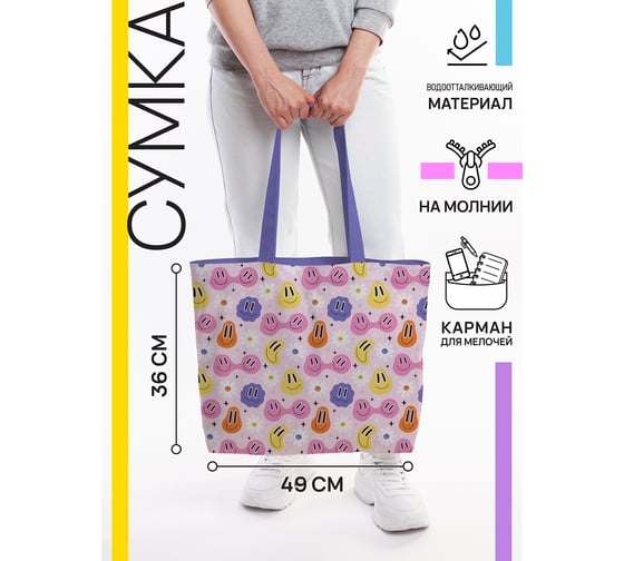 Женская спортивная пляжная сумка JOYARTY Эмоции смайлов, текстильная, на молнии, 49x36 см bsz_423868