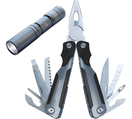 Мультитул, набор 2 шт, плоскогубцы 12 в1 + карманный фонарь ПРАКТИКА 777-482