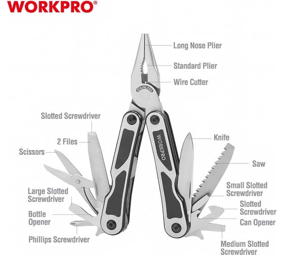 Многоцелевые плоскогубцы WORKPRO 15в1, 150 мм WP382009