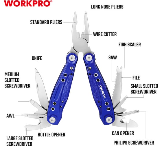 Многоцелевые плоскогубцы WORKPRO 13в1, 160 мм WP382003