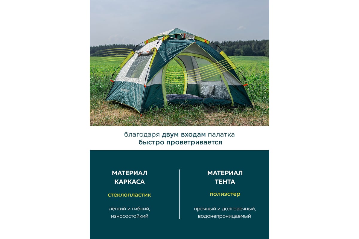 Кемпинговая палатка Forcekraft 210x200x135см, полиэстер, каркас  стеклопластик FK-TENT-2 56452