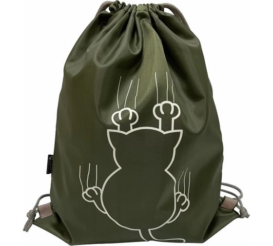 Сумка для сменной обуви LAMARK crazy cat, 34x42 см, на шнурке, светоотражающие элементы, хаки SB0006-02 1