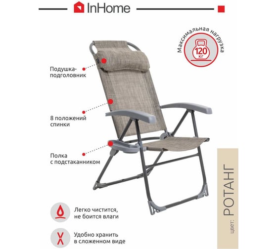 Кресло-шезлонг InHome комплект 2 шт., + подголовник + полка ротанг KSI1/2+К2