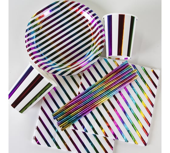 Тарелки Волна веселья 7''/18 см, Радужные полосы, Голография, 6 шт. 6231402