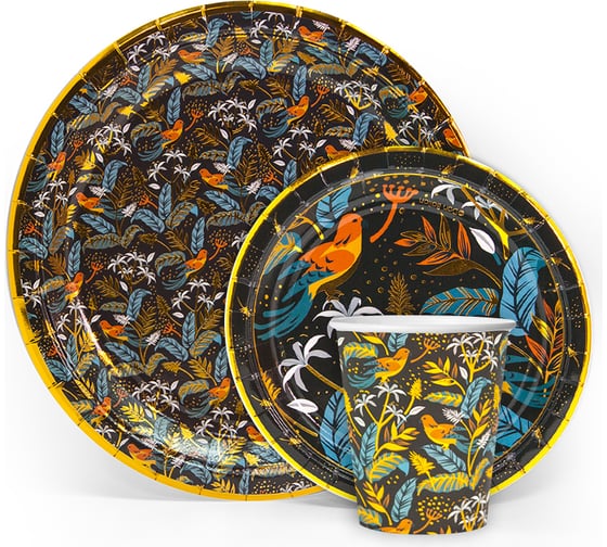 Тарелки Волна веселья 7''/18 см, Райские птицы, Черный, Металлик, 6 шт. 690020