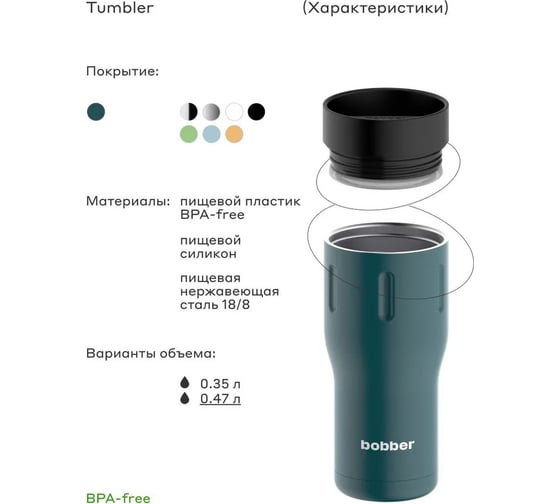 Питьевой вакуумный бытовой термос BOBBER 0.47 л Tumbler-470 Deep Teal