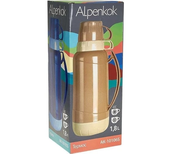 Термос со стеклянной колбой Alpenkok AK-10106S 1.8л, 2 крышки-чашки, бежевый, 12 Р1-00018553