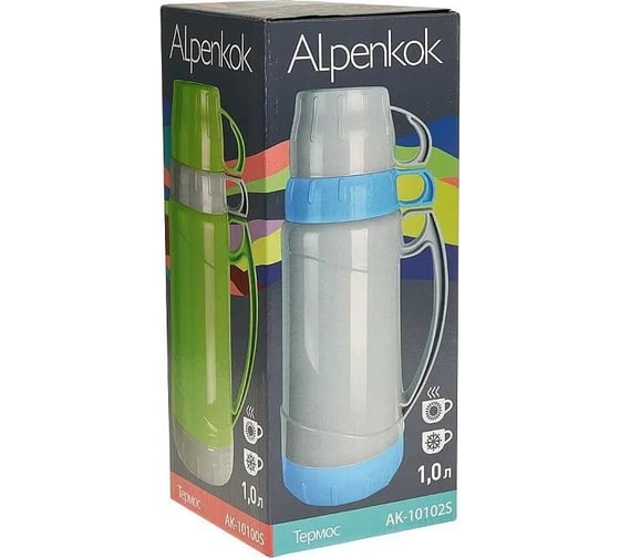 Термос со стеклянной колбой Alpenkok AK-10102S 1.0л, 2 крышки-чашки, серый, 12 Р1-00018549