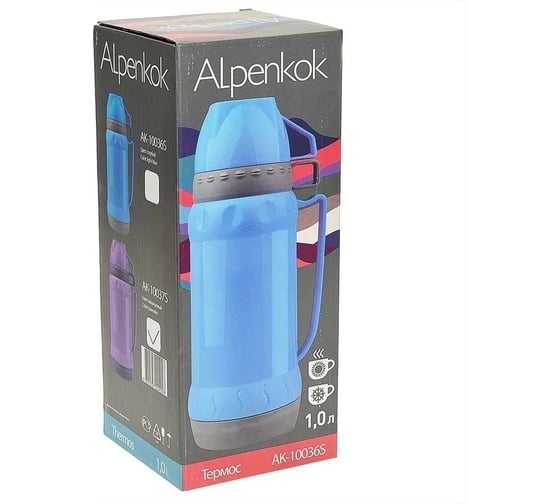 Термос со стеклянной колбой Alpenkok AK-10036S 1 л, 2 крышки-чашки, голубой, 12 Р1-00014262