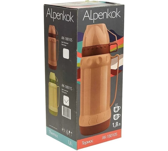 Термос со стеклянной колбой Alpenkok AK-18010S 1.8л, 2 крышки-чашки, бежевый, 12 Р1-00014264