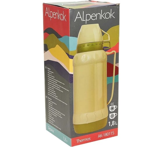 Термос со стеклянной колбой Alpenkok AK-18011S 1.8л, 2 крышки-чашки, зеленый, 12 Р1-00014265
