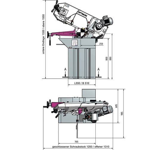Ленточнопильный станок с гидроцилиндром Optimum OPTIsaw S210G 3300210