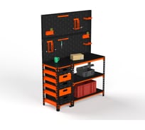 Стол-верстак ООО Металекс c одной тумбой, 950x1000x400 мм + двойная перфопанель с комплектом аксессуаров оранжево-чёрный 111187