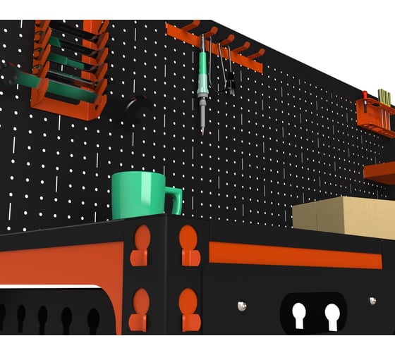 Стол-верстак ООО Металекс c одной тумбой, 950x1200x500 мм + перфопанель с комплектом аксессуаров оранжево-чёрный 111180