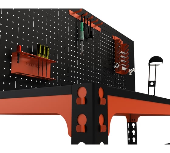 Стол-верстак с перфопанелью и комплектом аксессуаров ООО Металекс 950x1700x600 мм, одна полка, оранжево-чёрный 111080