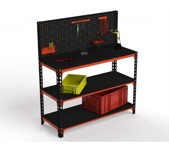 Стол-верстак ООО Металекс 950x1000x600 мм, две полки + перфопанель с комплектом аксессуаров оранжево-чёрный 111100 1