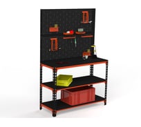 Стол-верстак ООО Металекс 950x1600x600 мм, две полки, двойная перфопанель с комплектом аксессуаров, оранжево-чёрный 111160