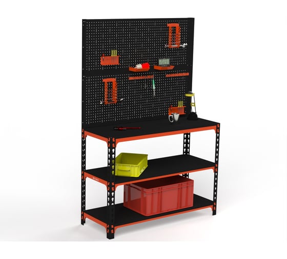 Стол-верстак ООО Металекс 950x1700x600 мм, две полки, двойная перфопанель с комплектом аксессуаров, оранжево-чёрный 111161 1