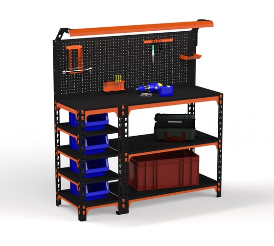 Верстак ООО Металекс серия SUN 950x1000x600 мм, с бок. полками, перфопанелью и комп. освещения, оранжево-чёрный 111403 1