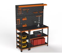 Верстак ООО Металекс серия SUN 950x1500x400 мм, с бок. полками, 2-мя панелями и комп. освещения, оранжево-чёрный 111417