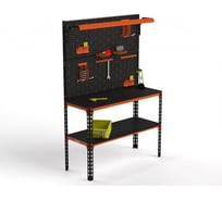Верстак ООО Металекс серия SUN 950x1500x400 мм, одна полка + двойная перфопанель с комплектом освещения, оранжево-чёрный 111523 111522