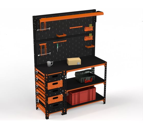 Верстак ООО Металекс Metalex серия SUN 950x1600x400 (с бок. тумбой, 2-мя панелями и комплектом освещения) оранжево-чёрный / 111454