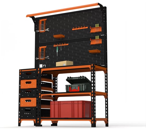Верстак ООО Металекс Metalex серия SUN 950x1600x400 (с бок. тумбой, 2-мя панелями и комплектом освещения) оранжево-чёрный / 111454