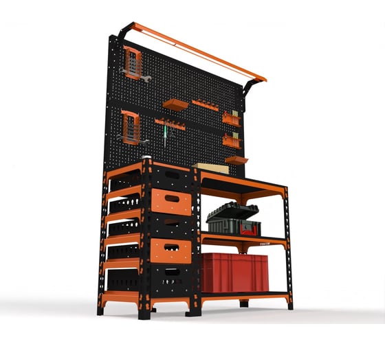 Верстак ООО Металекс Metalex серия SUN 950x1600x400 (с бок. тумбой, 2-мя панелями и комплектом освещения) оранжево-чёрный / 111454